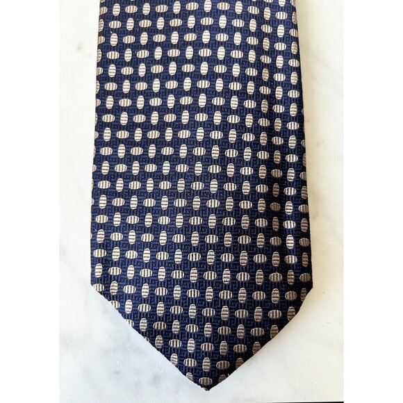 Lands' End Navy Blue  Tan Print Men's Silk Neck Tie  NEW - Picture 1 of 7